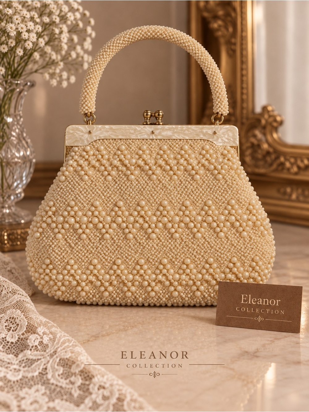 Vintage Hong Kong Beaded Evening Bag Ivory Pearl Top Handle Purse